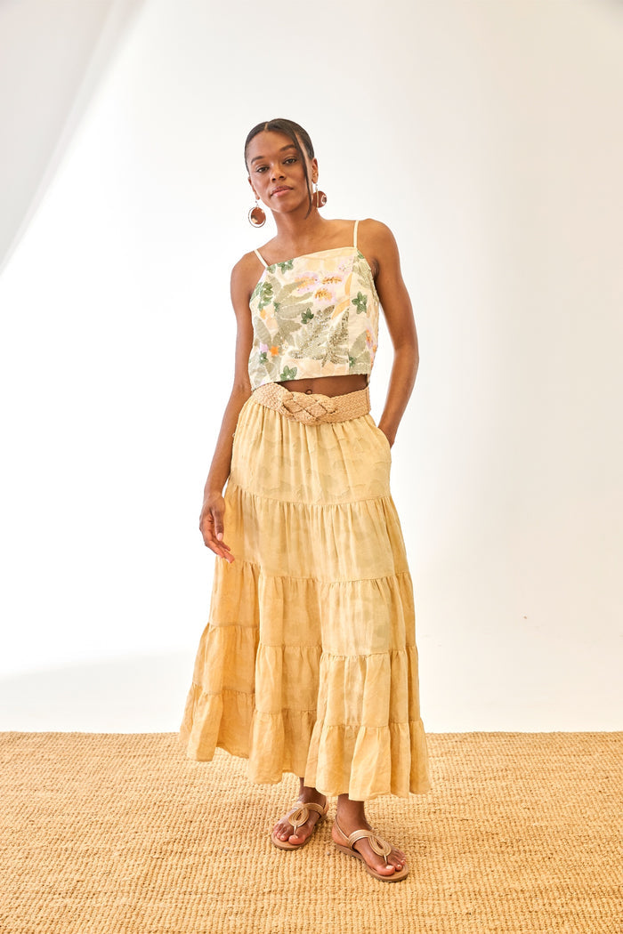 Model wearing NKN Nekane Riloru Yellow Long Linen Ruffled Skirt by nkn nekane, shop nkn nekane at Dotique