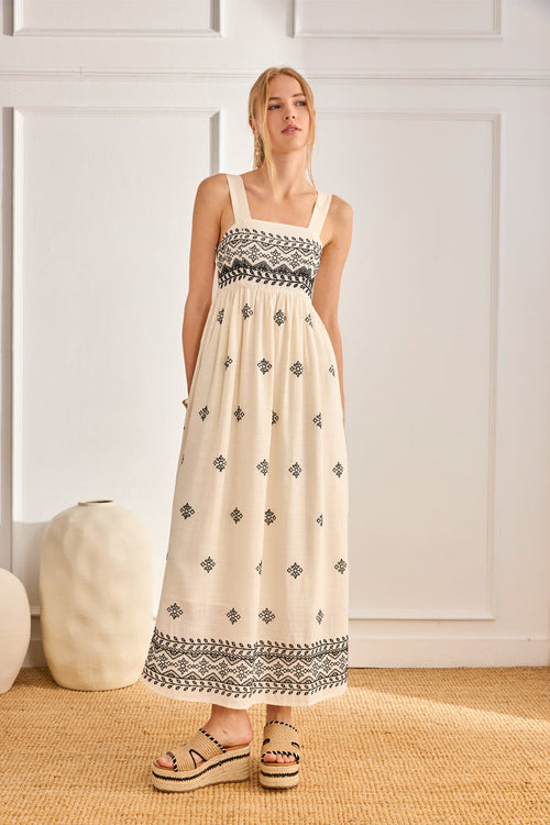 Model in NKN Nekane Urani Ivory Long Linen Dress with Embroidery and Square Neckline, shop nkn nekane at Dotique