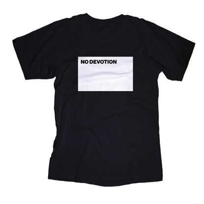 A No Devotion black T-shirt with a large white rectangle on the chest, featuring "NO DEVOTION" printed boldly in black inside the rectangle.