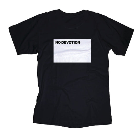 A No Devotion black T-shirt with a large white rectangle on the chest, featuring "NO DEVOTION" printed boldly in black inside the rectangle.