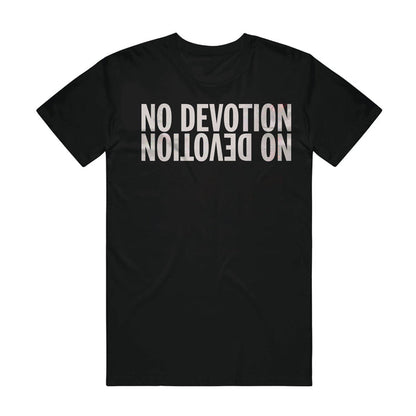 A No Devotion black t-shirt displaying "NO DEVOTION" in bold white capitals, with the same text mirrored upside down underneath.