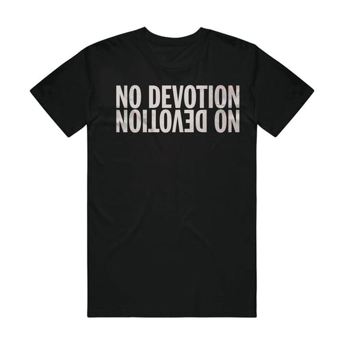 A No Devotion black t-shirt displaying "NO DEVOTION" in bold white capitals, with the same text mirrored upside down underneath.