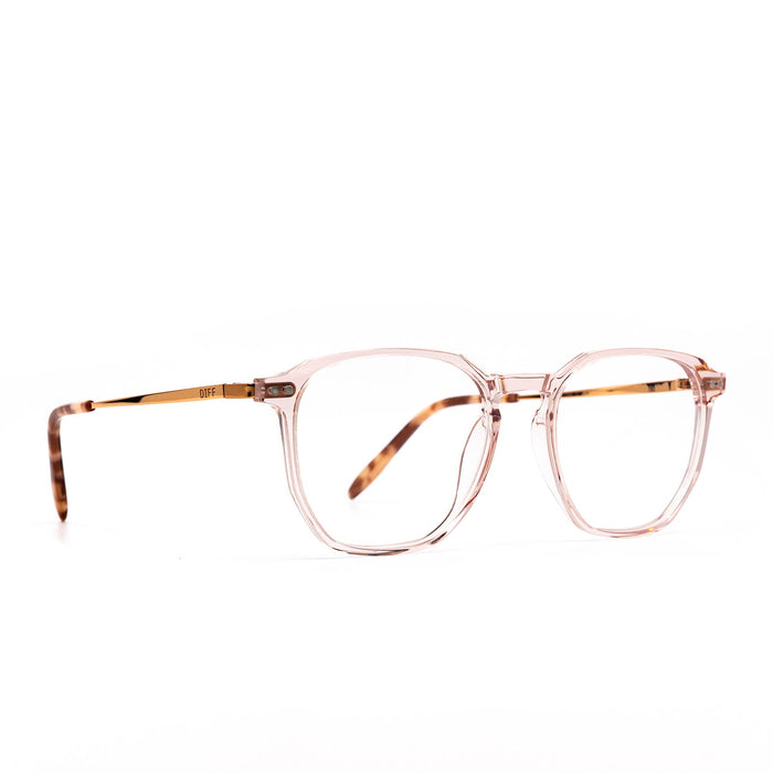 diff eyewear noel square glasses with a rose crystal acetate frame and prescription lenses angled view