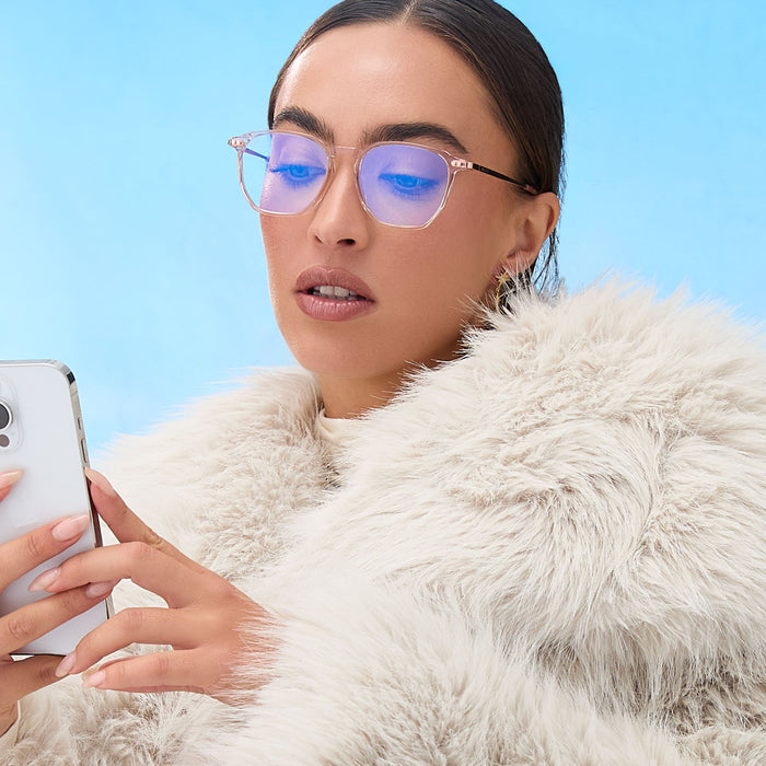 on model - female wearing diff eyewear noel square glasses with a rose crystal acetate frame and prescription lenses front view