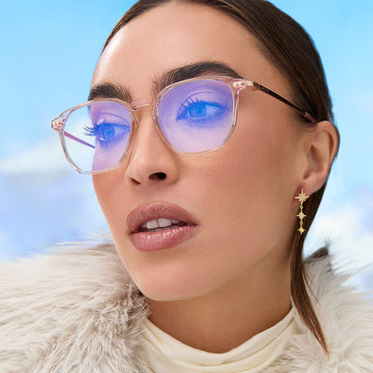 on model - female wearing diff eyewear noel square glasses with a rose crystal acetate frame and prescription lenses detailed view