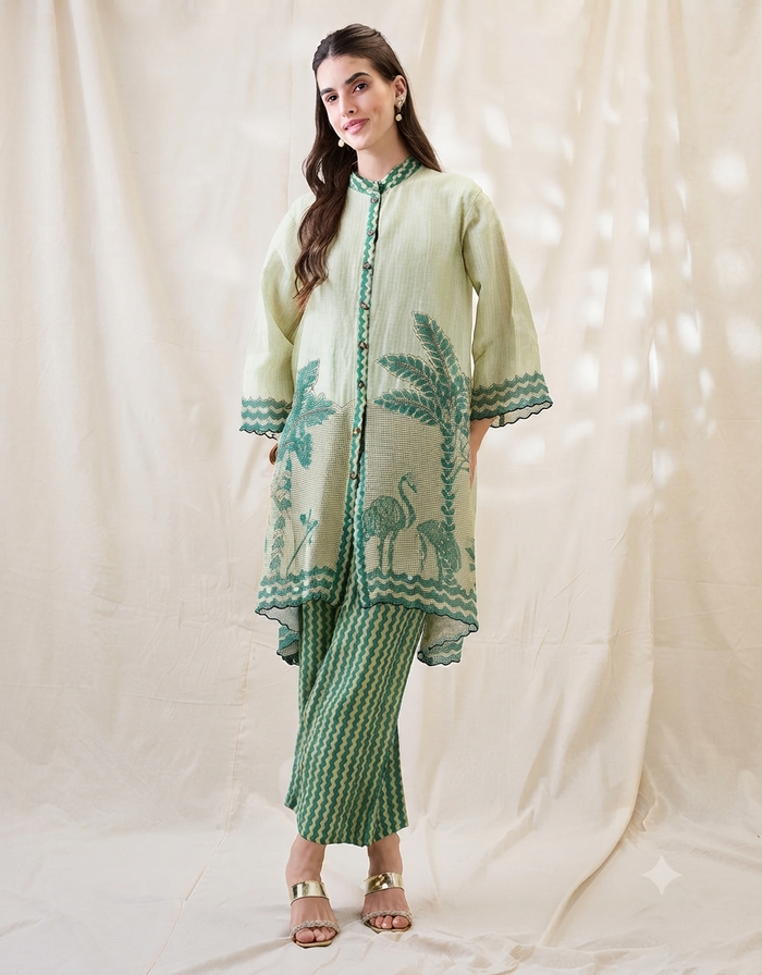 Mint Green Embroidered Kurta Set with Nature-Inspired Motifs and Printed Straight Pants for Women.