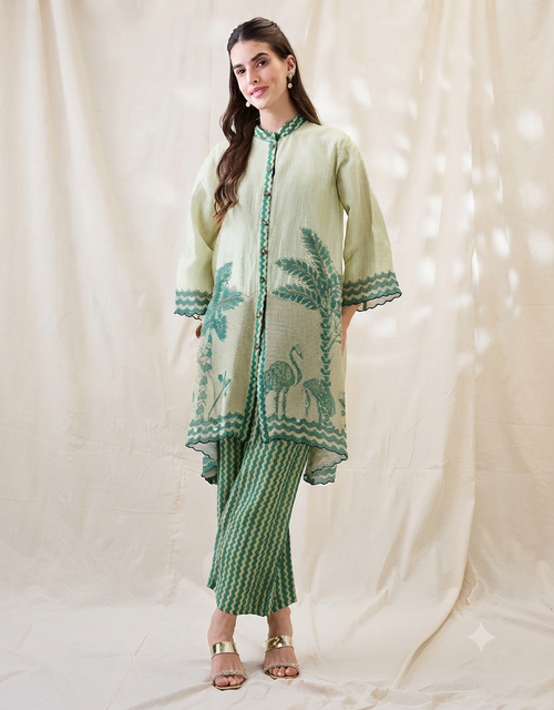 Mint Green Embroidered Kurta Set with Nature-Inspired Motifs and Printed Straight Pants for Women.