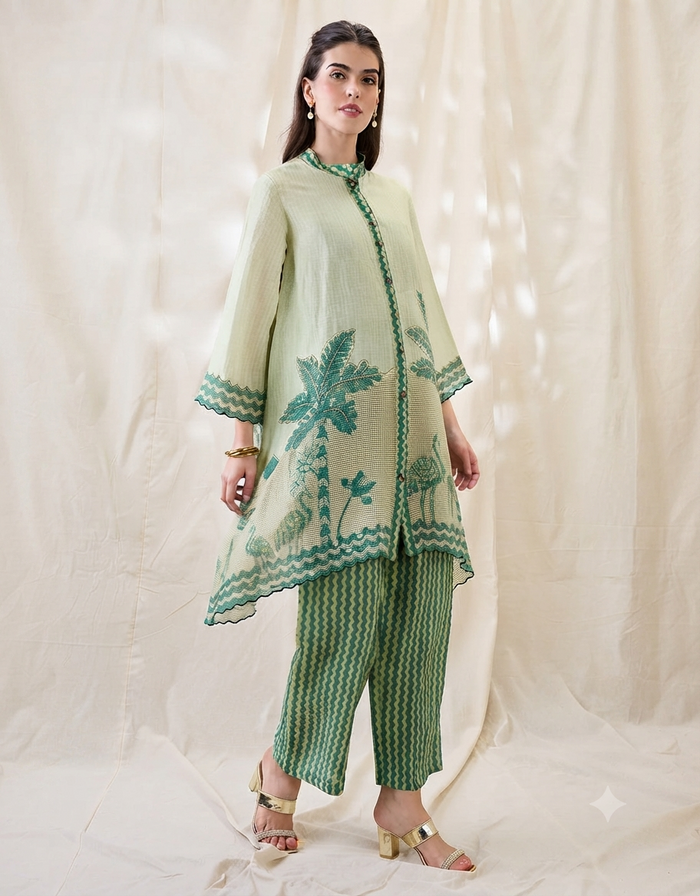 Mint Green Embroidered Kurta Set with Nature-Inspired Motifs and Printed Straight Pants for Women.