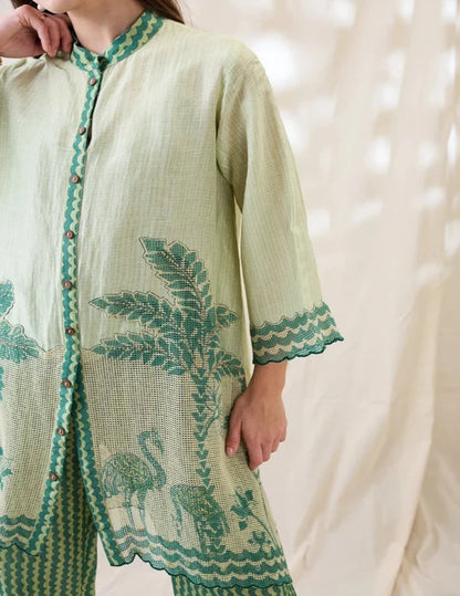 Mint Green Embroidered Kurta Set with Nature-Inspired Motifs and Printed Straight Pants for Women.