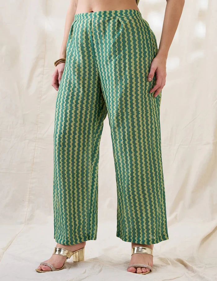 Mint Green Embroidered Kurta Set with Nature-Inspired Motifs and Printed Straight Pants for Women.