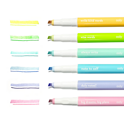 Row of uncapped OOLY Noted! 2-in-1 Micro Fine Tip Pen and Highlighters with pen and highlighter swatches
