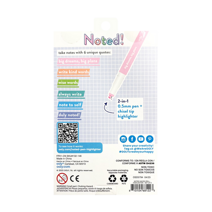 Back of packaging of OOLY Noted! 2-in-1 Micro Fine Tip Pen and Highlighters