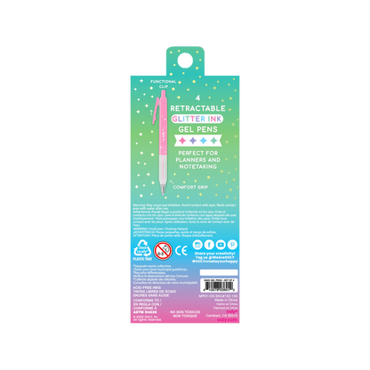 Back of packaging of OOLY Oh My Glitter! Retractable Gel Pens