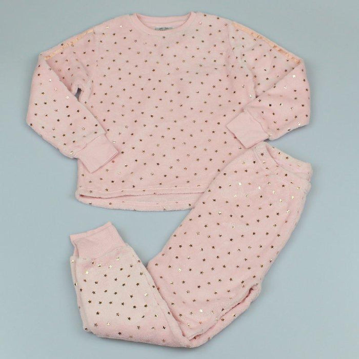 Older Girls Fleece Pyjama Set - Gold Stars (7-12Yrs) M6457 - Kidswholesale.co.uk