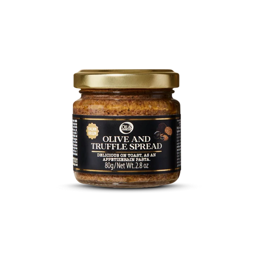 Jar of olive and truffle spread on a white background