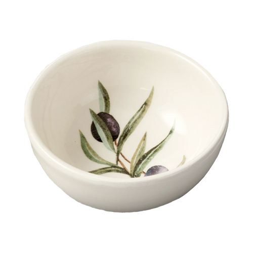 A white ceramic bowl with an olive branch design inside.