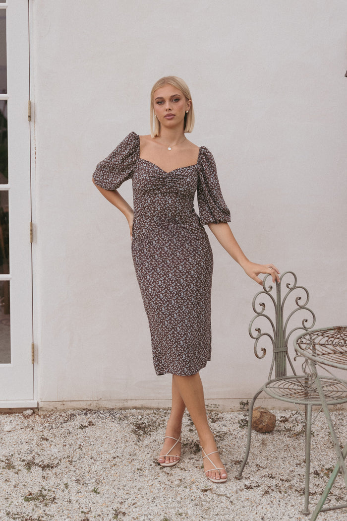 Petal and Pup USA DRESSES Oona Midi Dress - Brown Blue Floral