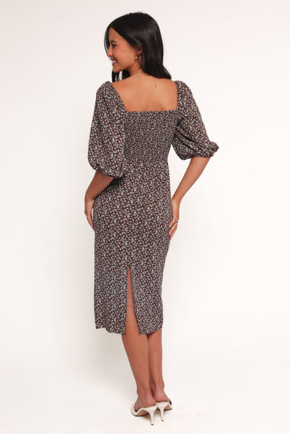Petal and Pup USA DRESSES Oona Midi Dress - Brown Blue Floral