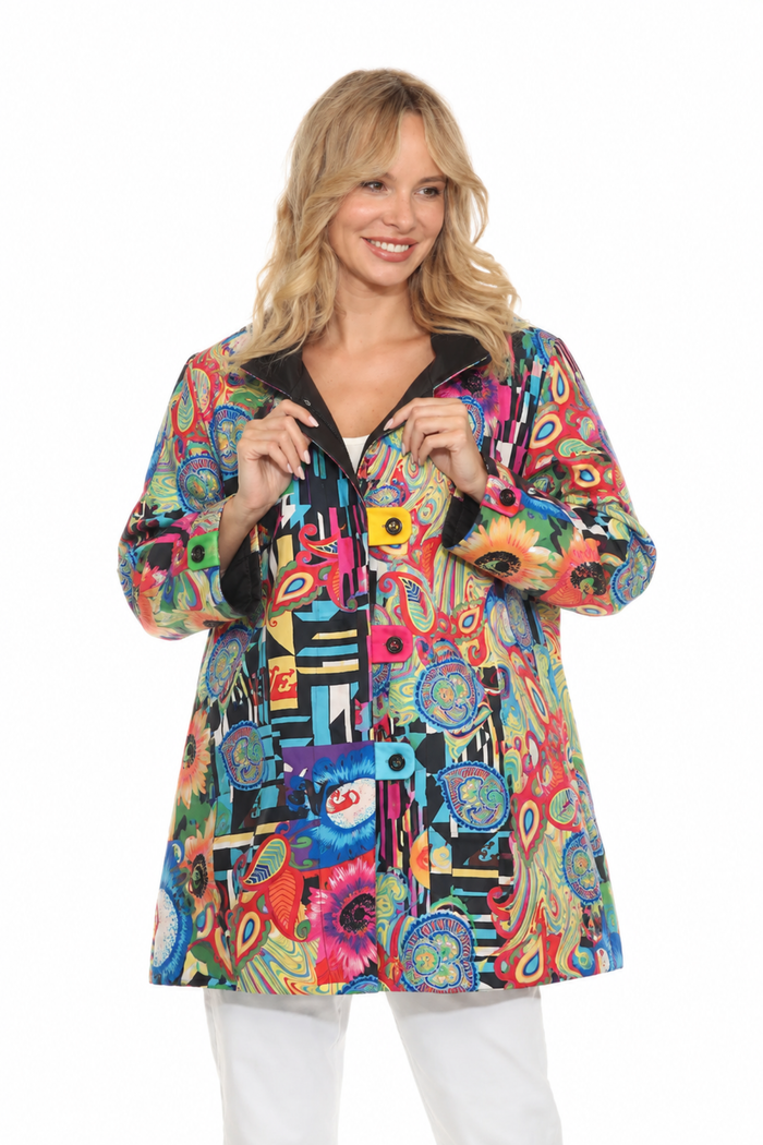 Oopera J3202RW-1 Reversible Rain Coat worn by model. Shop Oopera at Dotique