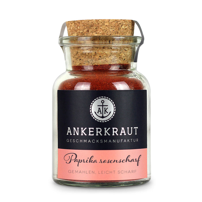 Paprika Rosenscharf von Ankerkraut im Korkenglas auf weißem Hintergrund.
