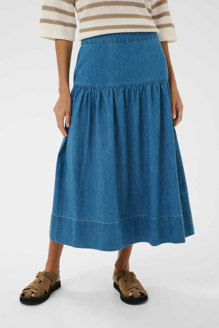 Part Two 30310489 NelliaPW Medium Blue Denim Skirt by part two styled front view shop part two at Dotique