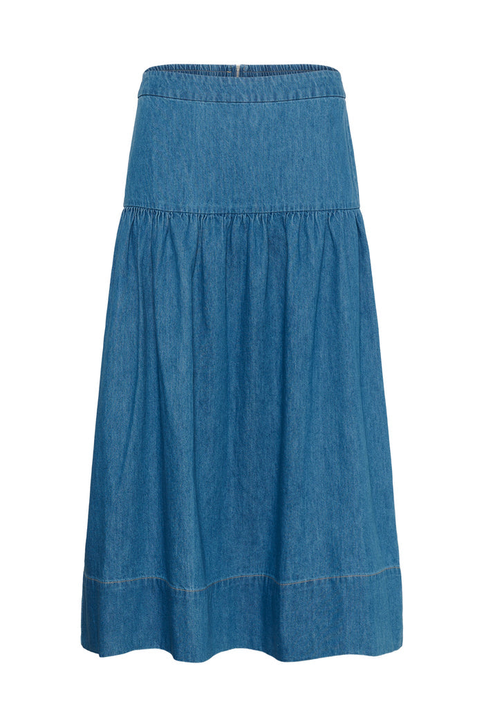 Part Two 30310489 NelliaPW Medium Blue Denim Skirt by part two shop part two at Dotique front view layered design