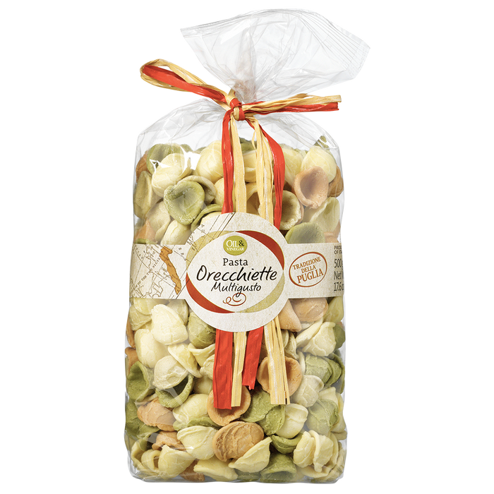 Packaged dried pasta orecchiette in a clear plastic bag with a label and a decorative ribbon.