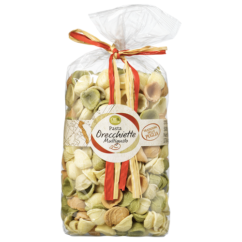 Packaged dried pasta orecchiette in a clear plastic bag with a label and a decorative ribbon.