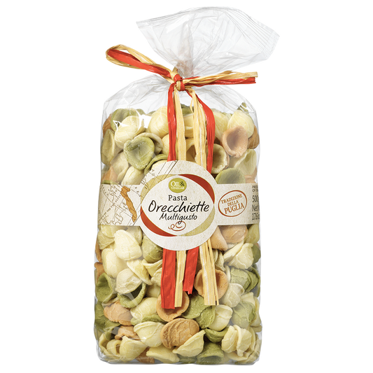 Packaged dried pasta orecchiette in a clear plastic bag with a label and a decorative ribbon.