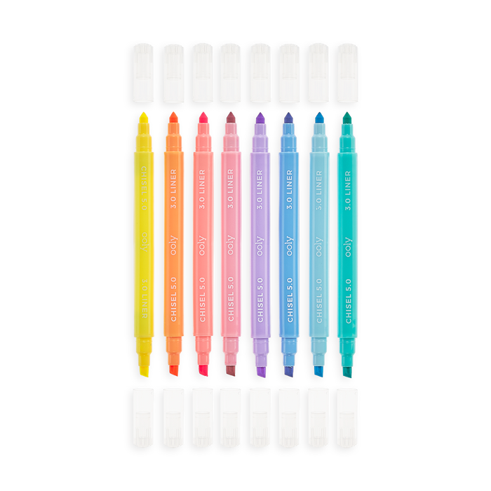 Pastel Liner markers lined up in a row with caps off