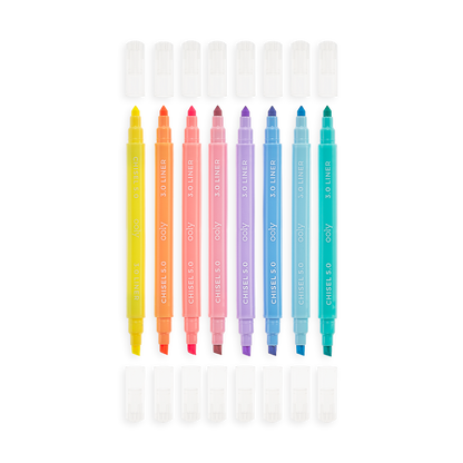 Pastel Liner markers lined up in a row with caps off