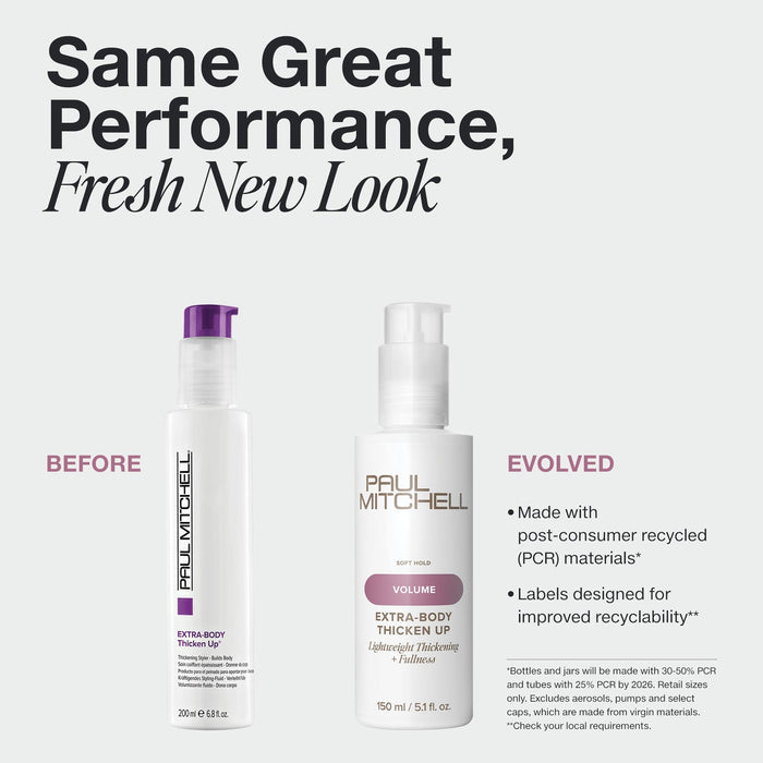 Paul Mitchell Extra-Body Thicken Up old and new white pump bottles on a pale grey background, highlighting refreshed recyclable packaging and volumising performance.