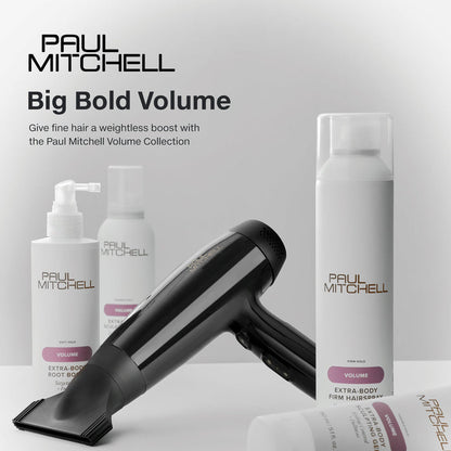 Paul Mitchell Volume Collection styling products with a black hair dryer on a grey studio background, designed to give fine hair weightless body and volume.