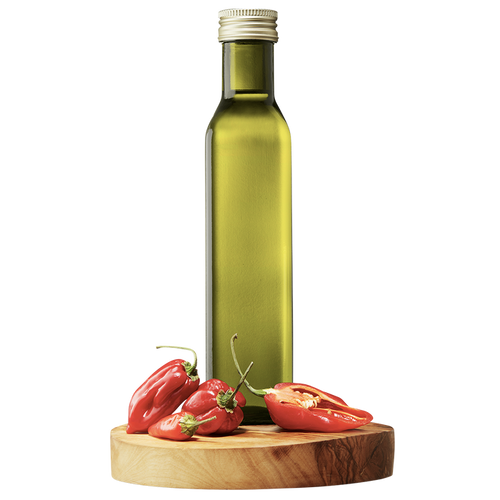 A tall, slender bottle of Extra Virgin Olive Oil on a wooden board, flanked by fresh chili peppers.