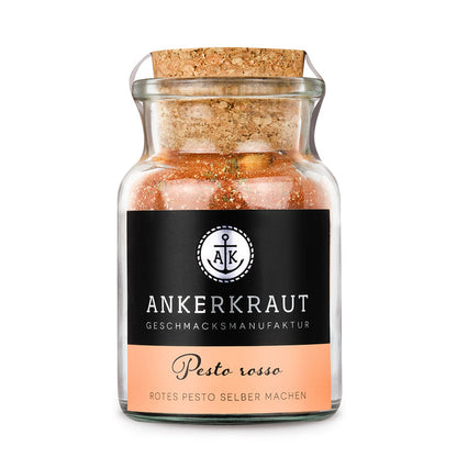 Pesto Gewürzmischung von Ankerkraut im Korkenglas auf weißem Hintergrund.