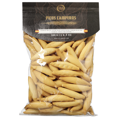 A clear plastic package containing small, cylindrical yellow breadsticks, with a black label featuring white and orange text.