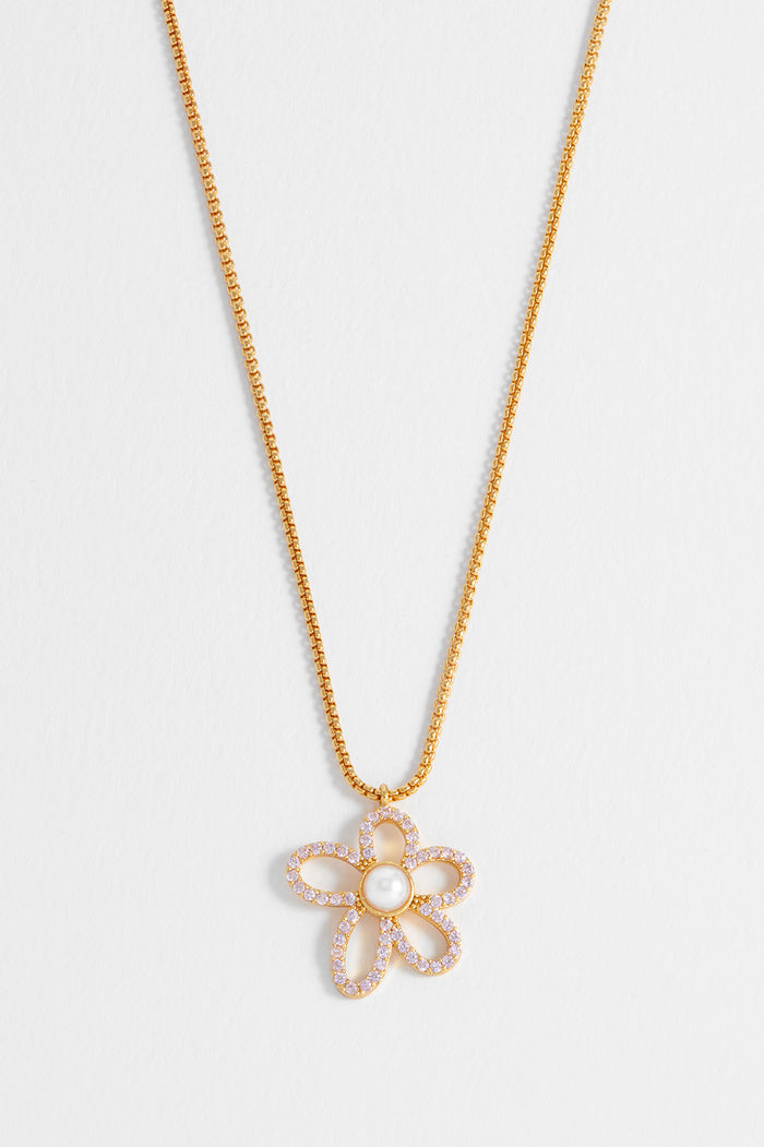 Pink And Pearl Tennis Chain Flower Necklace