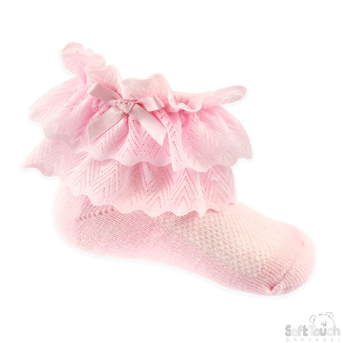 PINK ANKLE SOCKS WITH ZIG ZAG LACE & BOW (0-24 Months) S330-P