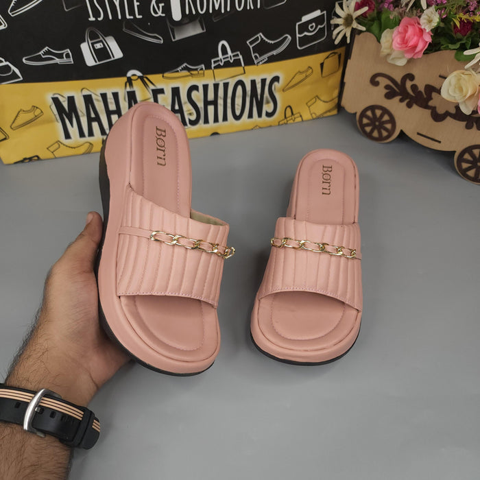 Pink Chunk Slippers With Chain - Maha fashions -  Women Footwear