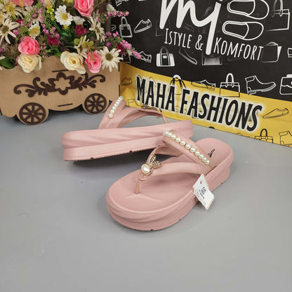 Pink Wegde Slides with Buckle & Pearl - Maha fashions -  Women Footwear