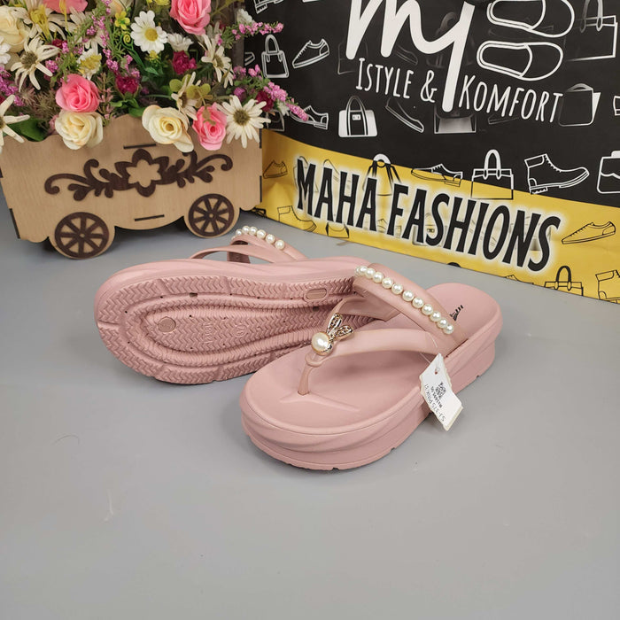 Pink Wegde Slides with Buckle & Pearl - Maha fashions -  Women Footwear