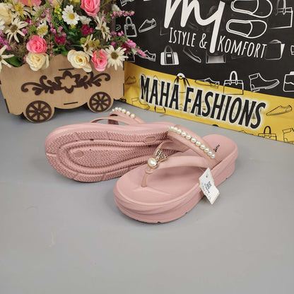 Pink Wegde Slides with Buckle & Pearl - Maha fashions -  Women Footwear
