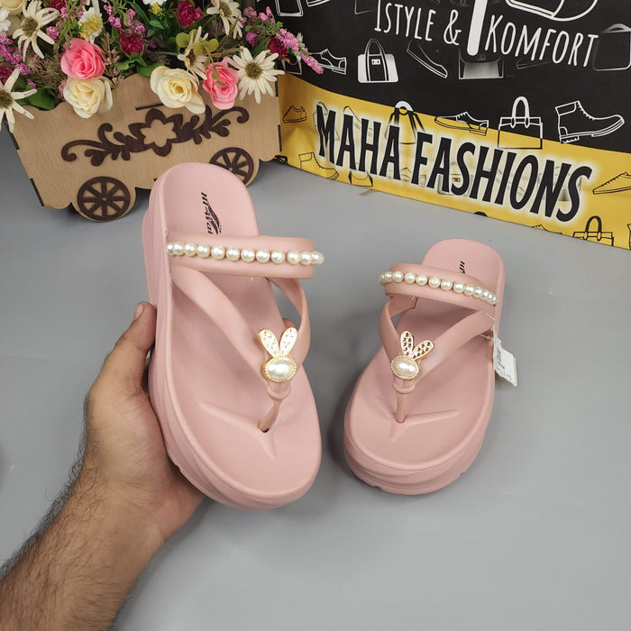Pink Wegde Slides with Buckle & Pearl - Maha fashions -  Women Footwear