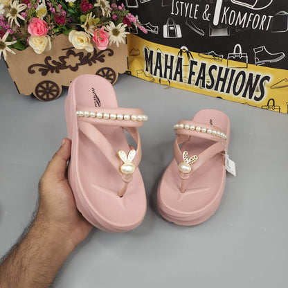 Pink Wegde Slides with Buckle & Pearl - Maha fashions -  Women Footwear