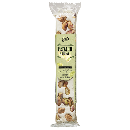 Packaged pistachio nougat snack showing the nuts and text on the wrapper.