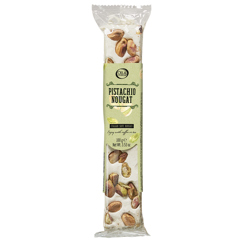 Packaged pistachio nougat snack showing the nuts and text on the wrapper.