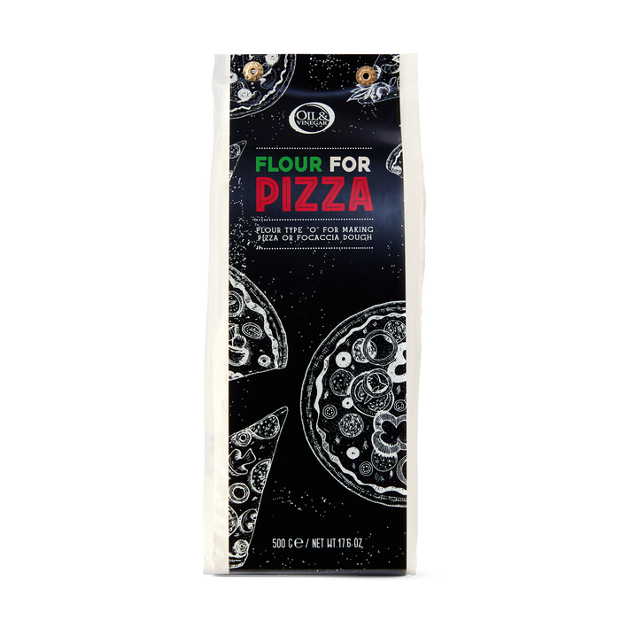 Bag of flour for pizza with branding and product details on a white background