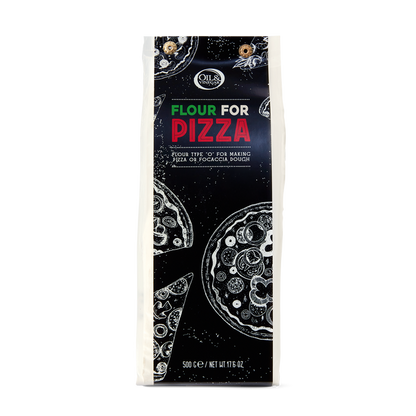 Bag of flour for pizza with branding and product details on a white background