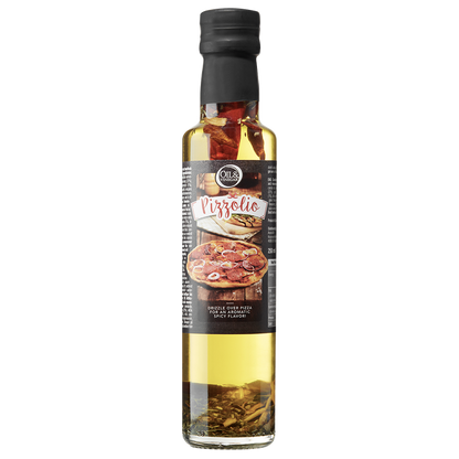 A bottle of Pizzolio extra virgin olive oil with a label showing a pizza and text indicating the product is infused with chilis, oregano, and rosemary.