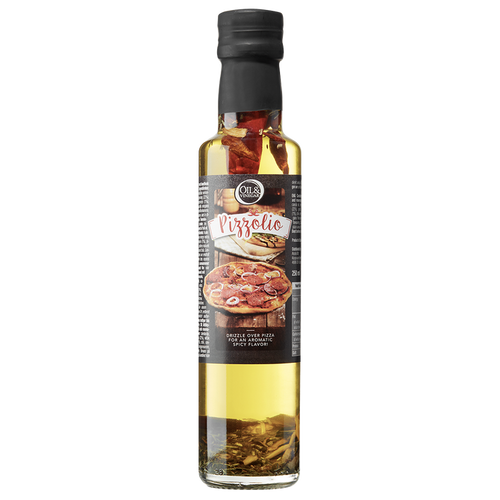 A bottle of Pizzolio extra virgin olive oil with a label showing a pizza and text indicating the product is infused with chilis, oregano, and rosemary.